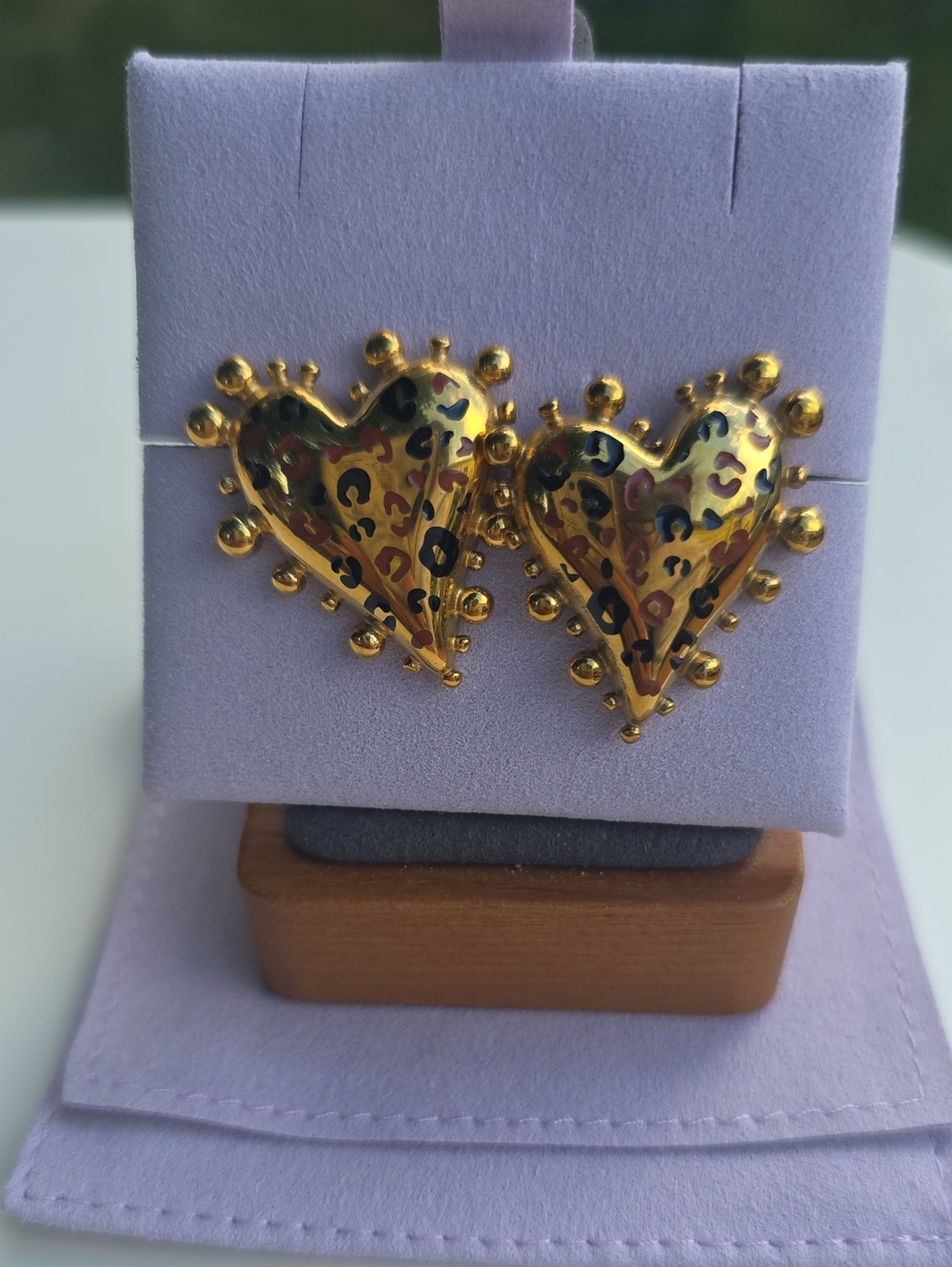 Gold Heart Stud Earrings with Multicolor Leopard Print, NWOT